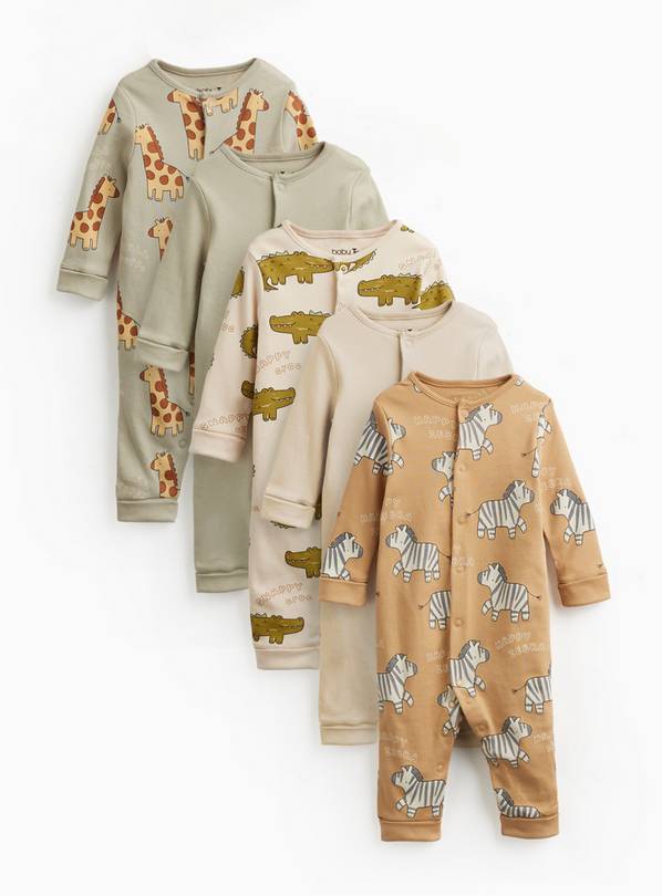 Safari Animals Print Sleepsuits 5 Pack Up to 3 mths